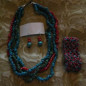Turquoise and coral nugget Necklace Earr bracelet